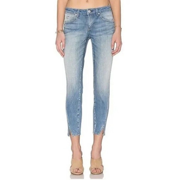AMO Twist Crop Jeans 70s Blue Size 25 Split Hem - Picture 2 of 6